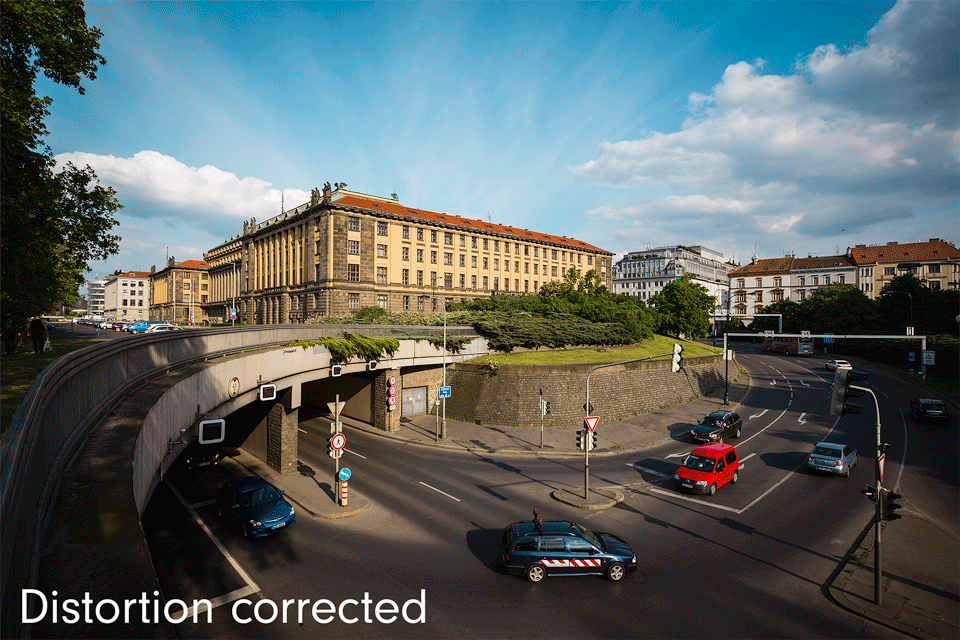Barrel distortion correction on super wide-angle lens in Prague intersection