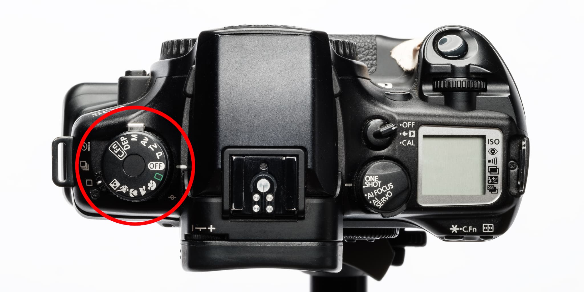 The shooting mode dial's location on a camera.